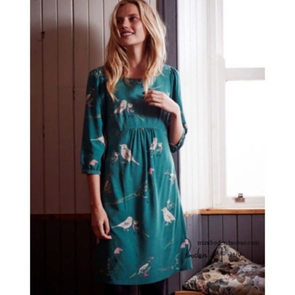 Boden Teal Green Bird-Print Mini Dress